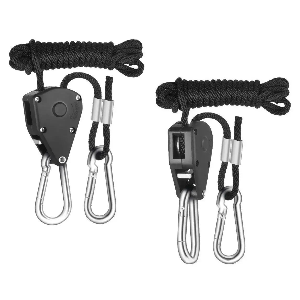 Black heavy-duty adjustable rope clip hanger with a metal hook and 8-foot rope.