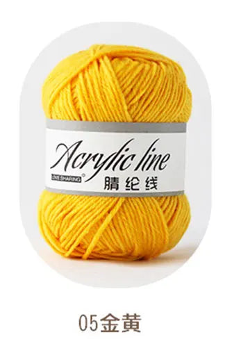 A ball of bright yellow acrylic line yarn labeled as 05 gold thread.