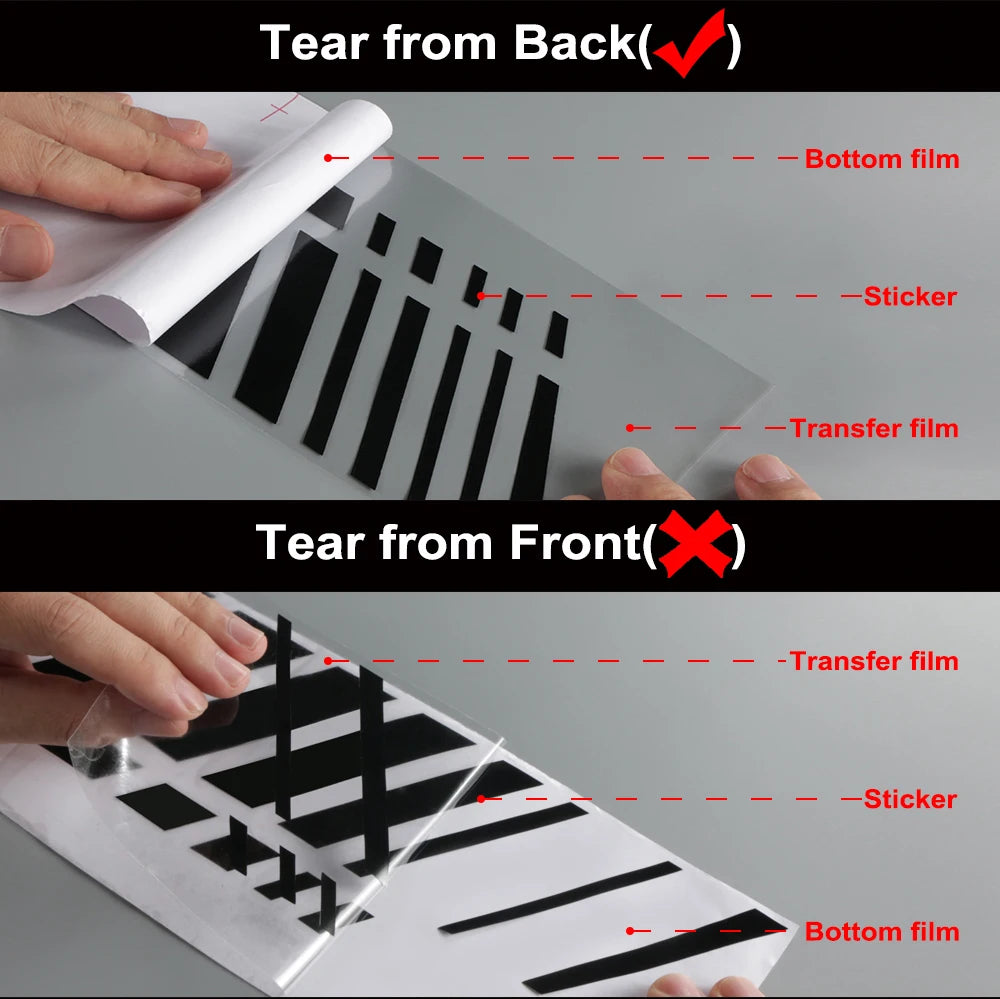 Demonstration of tearing a transfer film sticker from the back versus the front of a tailgate insert decal.