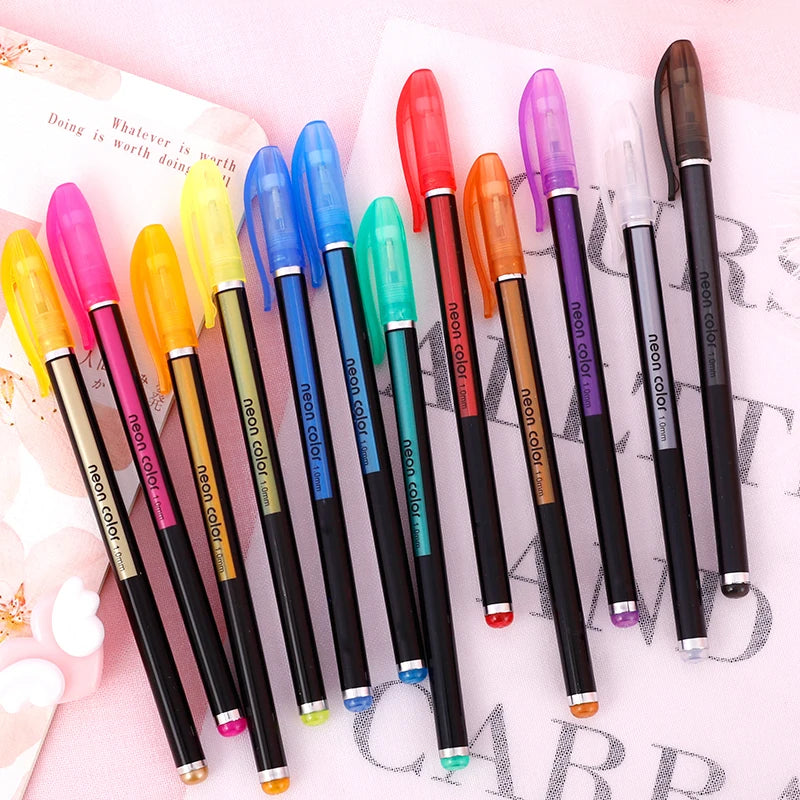 A collection of 24 gel pens in various colors including pastel, metallic, neon, and glitter shades arranged on a white backgr