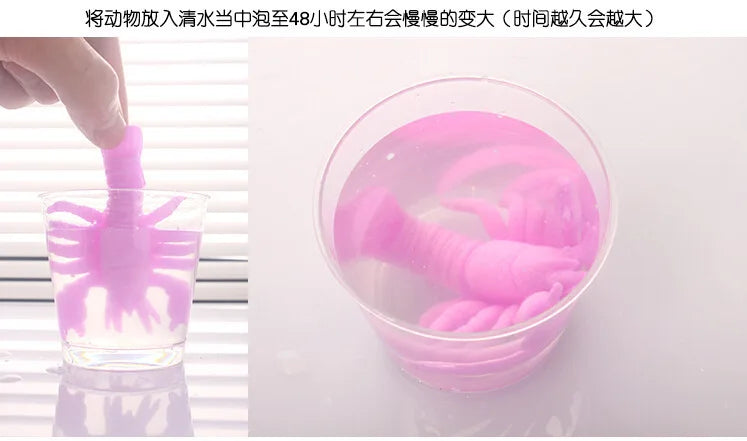 A pink, translucent plastic container holds a pink, wriggling ocean animal toy submerged in water.