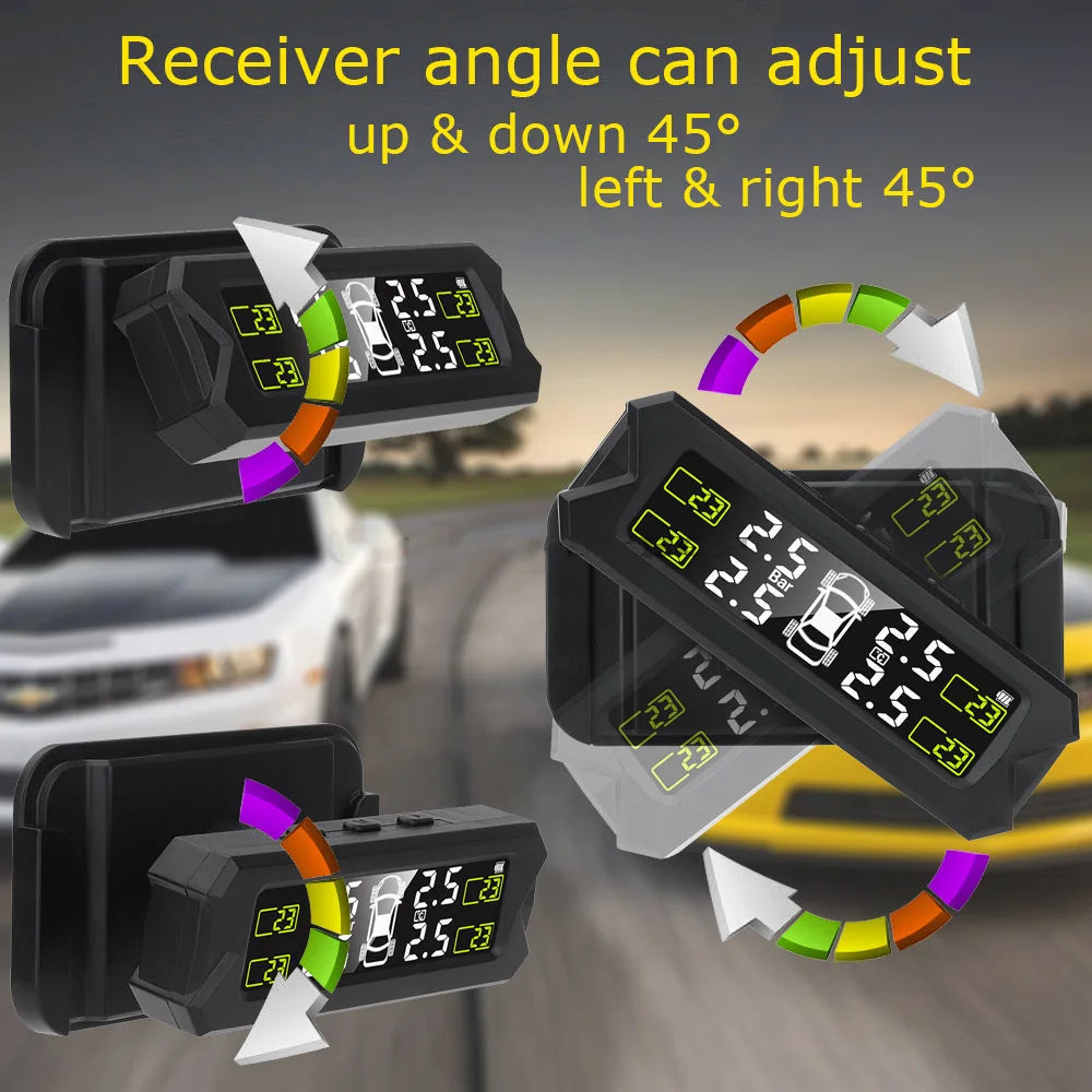 A solar-powered tire pressure monitoring system is shown with adjustable angles for monitoring vehicle tires.