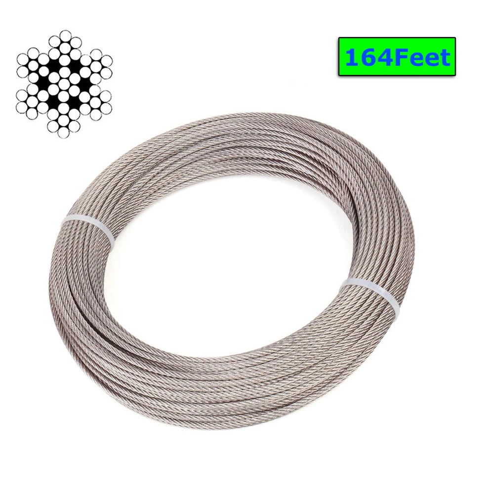 A coil of marine-grade T316 stainless steel cable, 164 feet long, used for railing systems.
