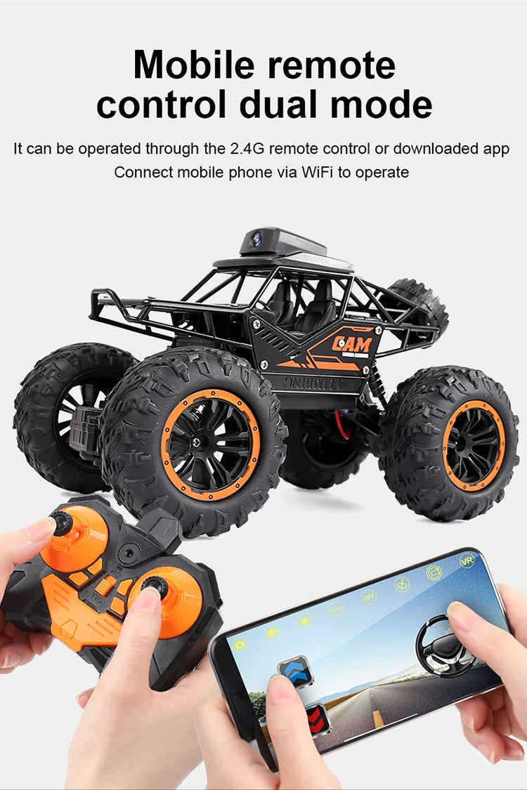 A black 1:18 RC off-road SUV is shown with a mobile phone controlling it via a 2.4G remote or downloaded app.