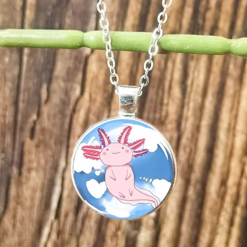 Cartoon Axolotl Glass Pendant Necklace