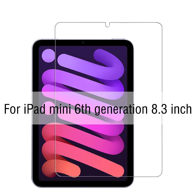 A transparent tempered glass screen protector for an iPad mini 6th generation 8.3 inch device.