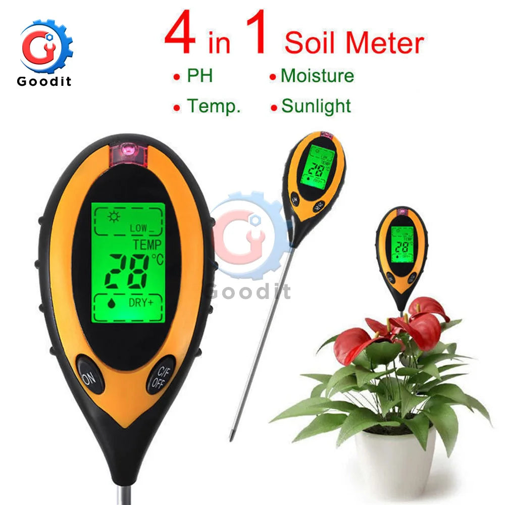 A yellow soil meter device with a black tip is shown next to a potted plant.