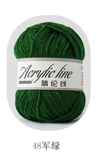 A ball of dark green acrylic line yarn labeled as 48-ply thread for knitting and crochet.