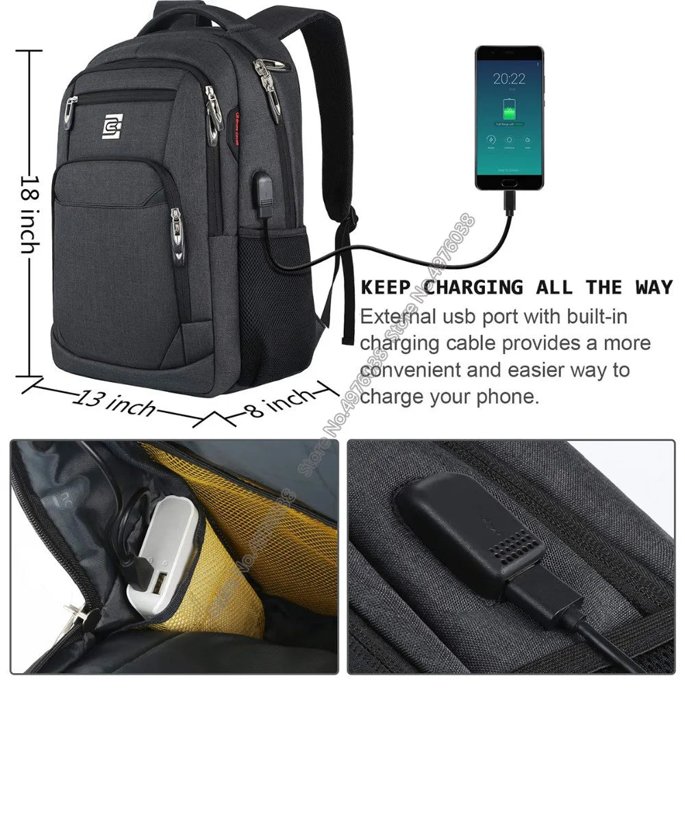 Schwarzer schlanker Laptop-Rucksack mit Abmessungen und externem USB-Ladeanschluss für mobile Geräte.