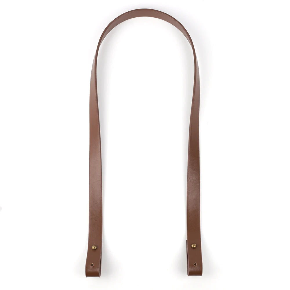 A brown PU leather crossbody bag strap is shown hanging vertically against a white background.