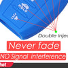 Blue silicone key fob cover demonstrating double injection and features like never fade and no signal interference.