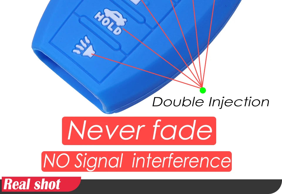 Blue silicone key fob cover demonstrating double injection and features like never fade and no signal interference.