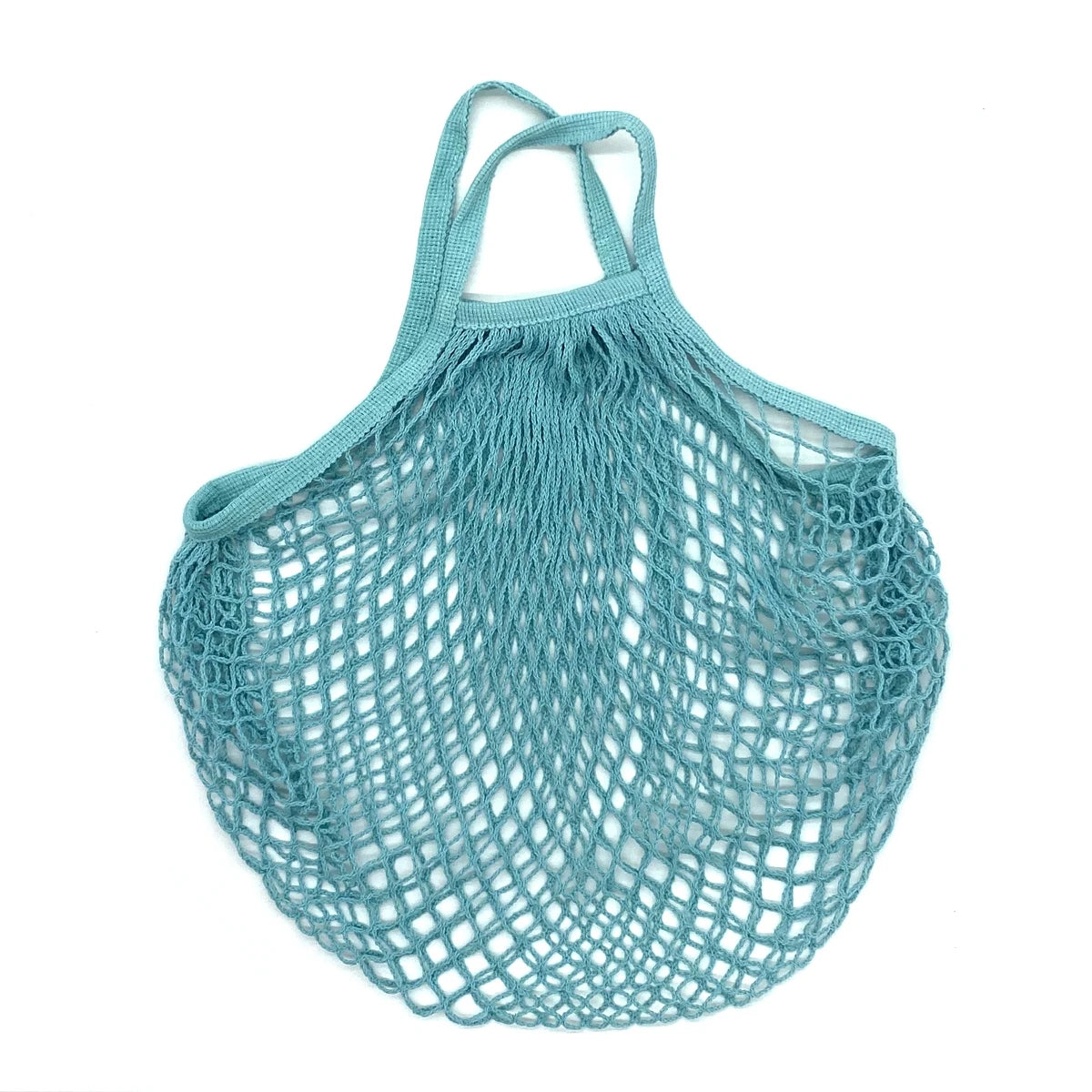 A teal organic cotton mesh produce bag with handles, shown from above.