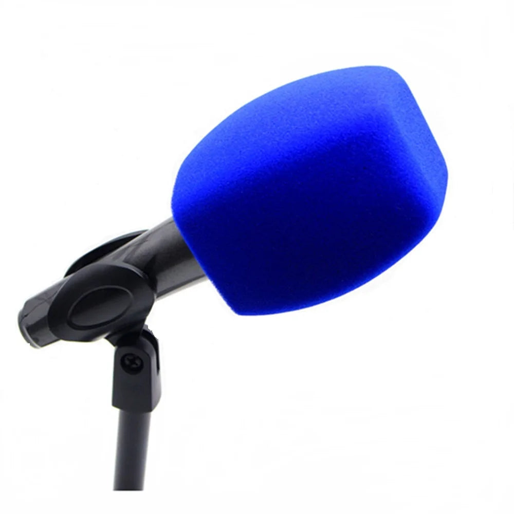 Blue foam microphone windscreen with a black mounting clip and shaft.