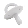 A white silicone baby pacifier soother with a ring and a handle.