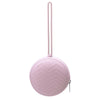 A pink food-grade silicone pacifier case with a long strap and a textured surface.