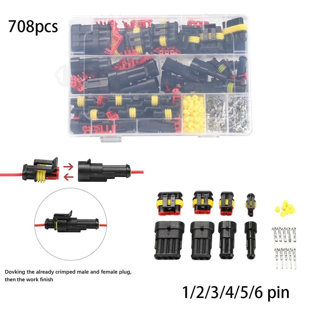 A plastic kit containing various electrical connectors with male and female terminals, including different pin counts.
