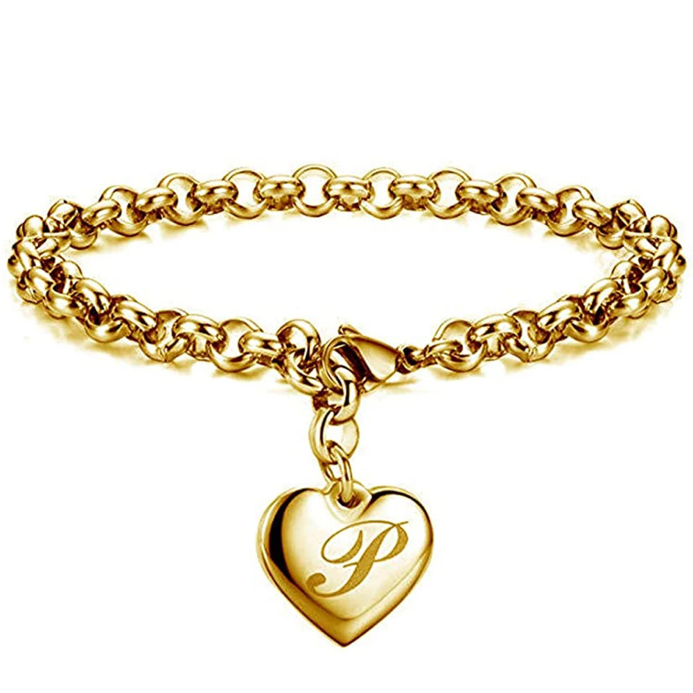Gold Heart Alphabet Charm Bracelet