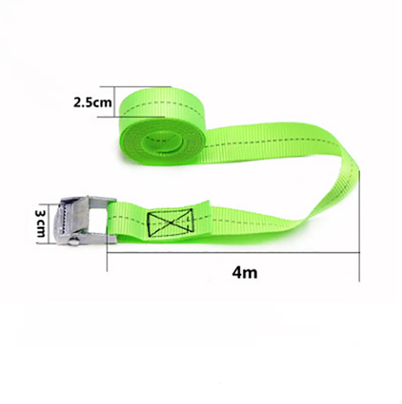A roll of bright lime green heavy-duty tie-down straps with metal buckles, showing the length and width.