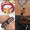 A collection of colorful waxed cotton cords and jewelry findings including beaded necklaces, a bracelet, and a striped wristb