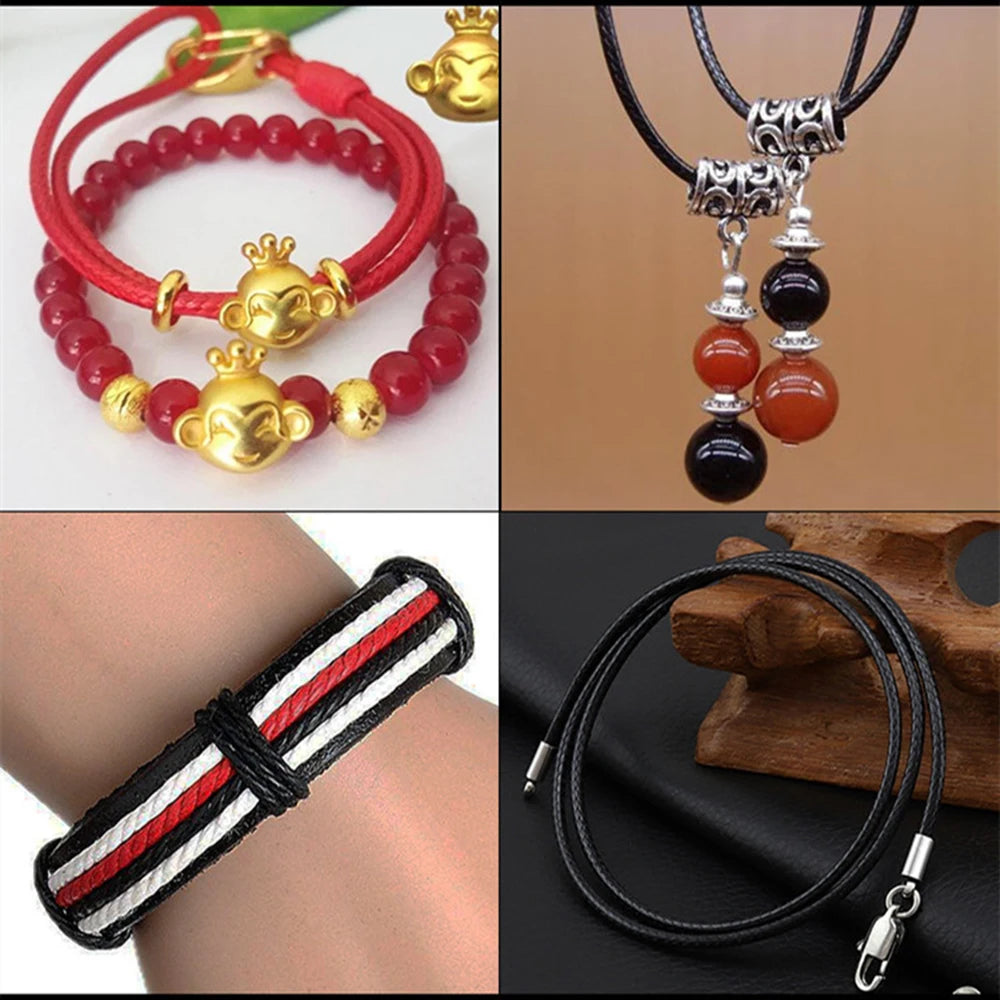 A collection of colorful waxed cotton cords and jewelry findings including beaded necklaces, a bracelet, and a striped wristb
