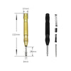 A precision spring-loaded automatic center punch tool with a gold and black finish and various sizes of punches.