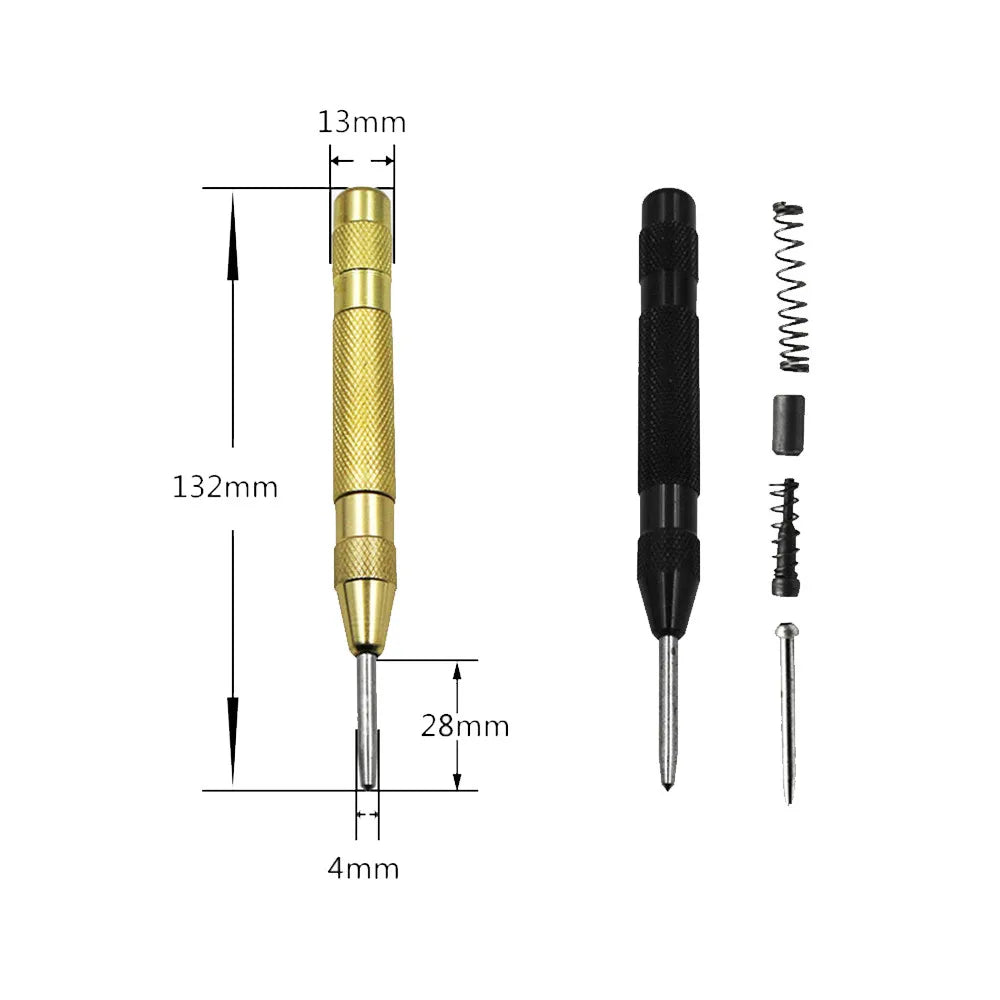 A precision spring-loaded automatic center punch tool with a gold and black finish and various sizes of punches.