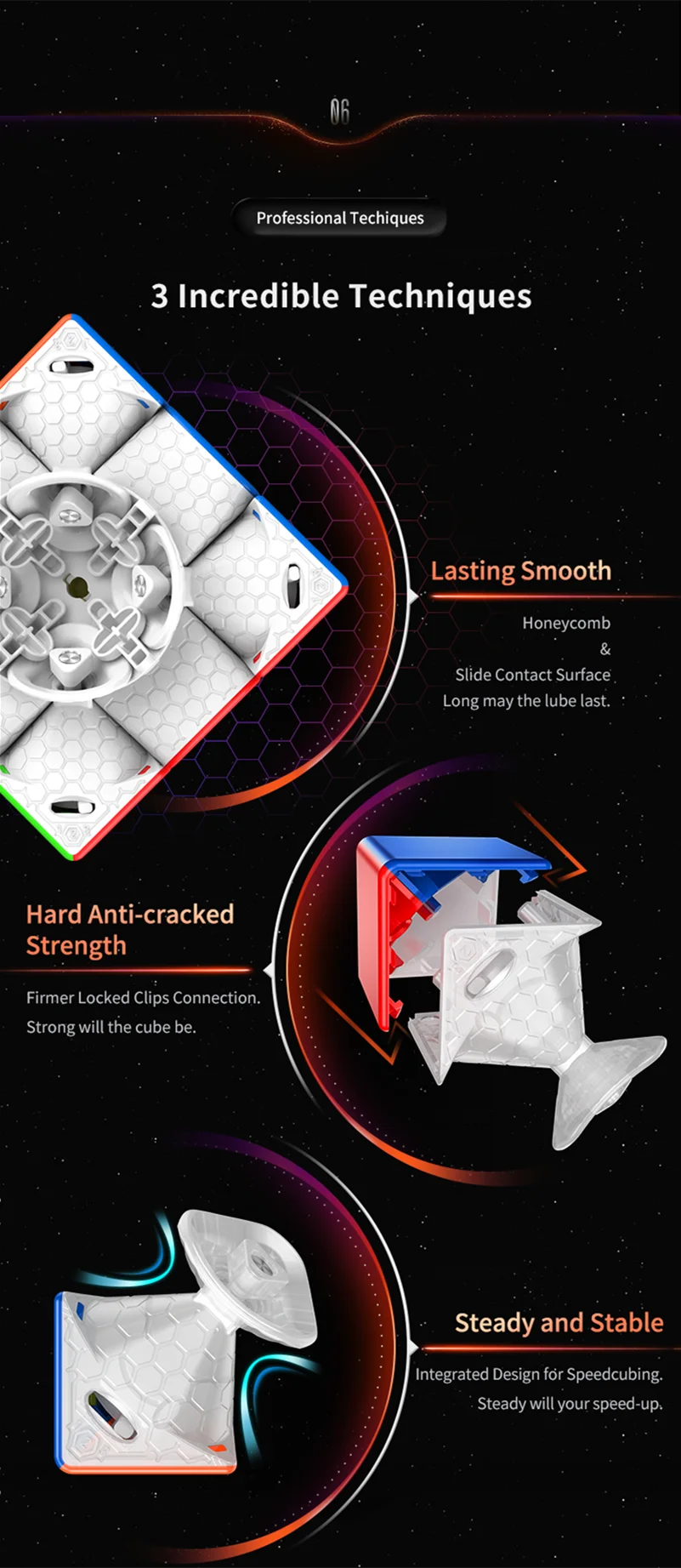 A product display showing three incredible techniques for a magnetic speed cube, including smooth handling, anti-cracked stre