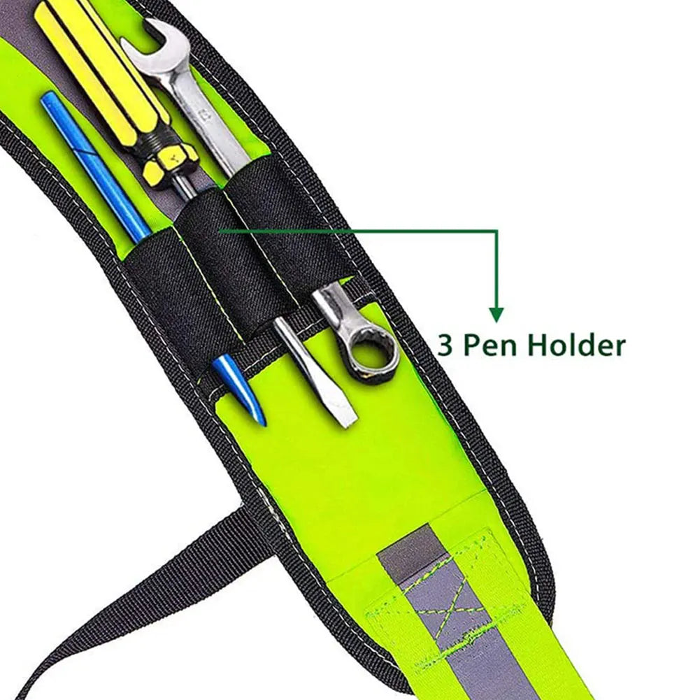 Fluorescent green tool belt featuring a black strap with three pen holders and various tools.