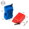 Two plastic RC crawler decorations, one blue and one red, with shovel and oil drum accessories.