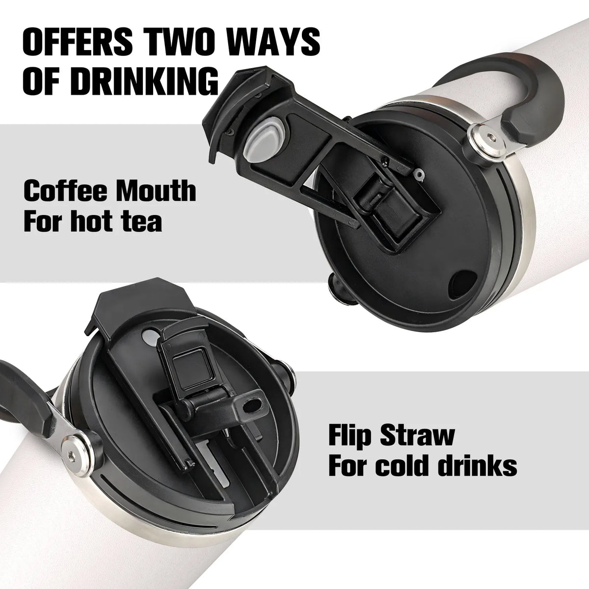 A black silicone drinking accessory for a stainless steel tumbler, offering two ways of drinking: a coffee mouth and a flip s