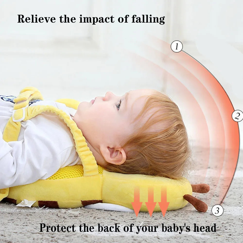 A yellow toddler head protector backpack is shown protecting a baby's head during a fall simulation.