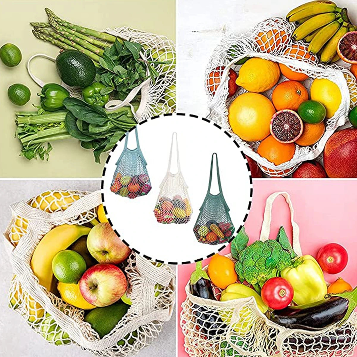 Two organic cotton mesh produce bags filled with fresh fruits and vegetables like bananas, citrus, and leafy greens.