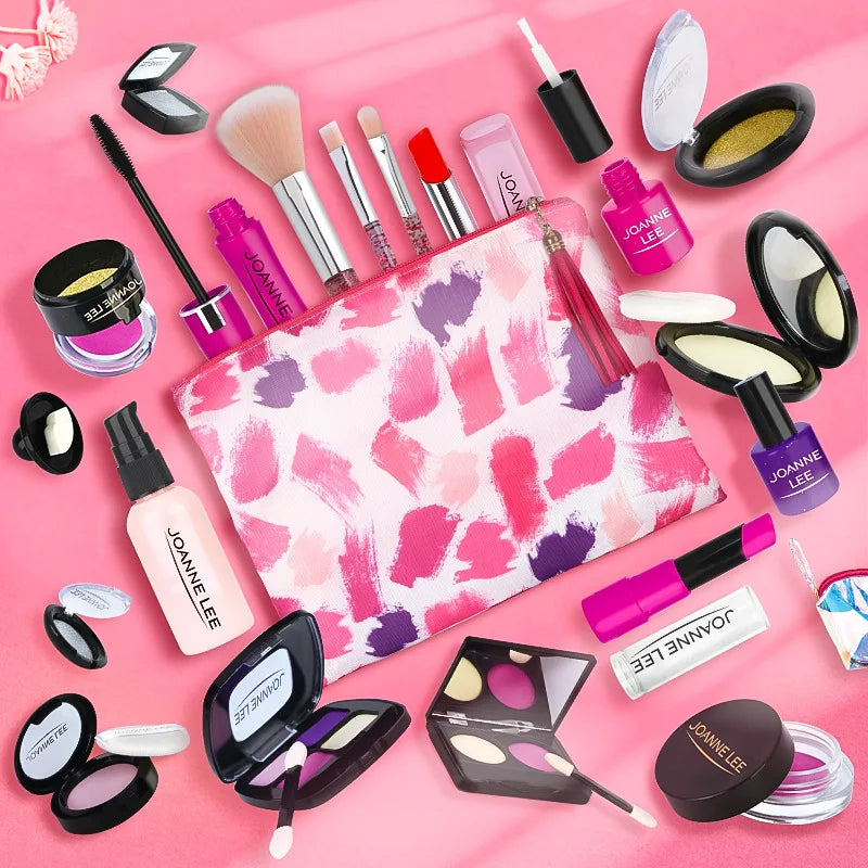 A collection of Joann Lee makeup products including lipsticks, palettes, and brushes displayed on a pink background.