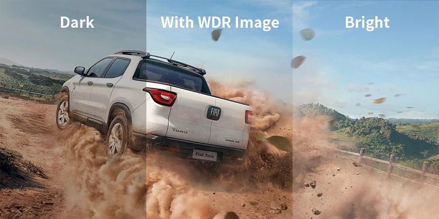 A white Ford Toro SUV driving through a dusty trail, shown in dark, with WDR image, and bright conditions.