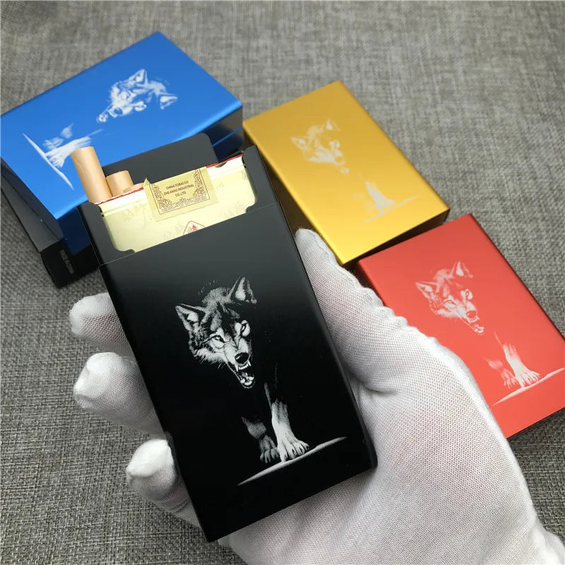 Ultra-Slim Aluminum Cigarette Case with Laser-Engraved Wolf Design