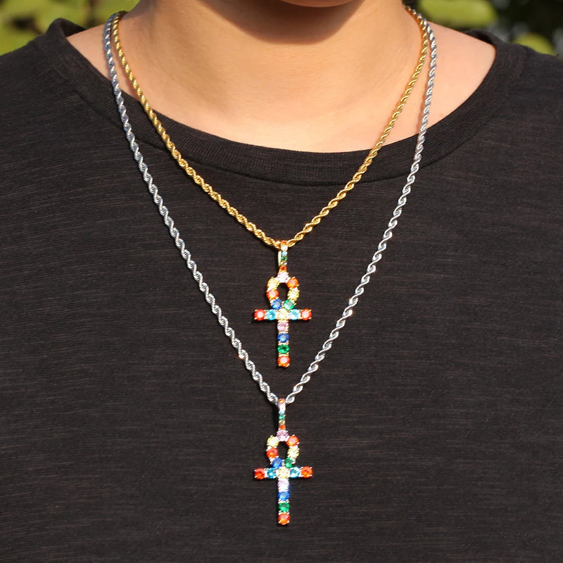 Rainbow Ankh Cross Pendant Necklace