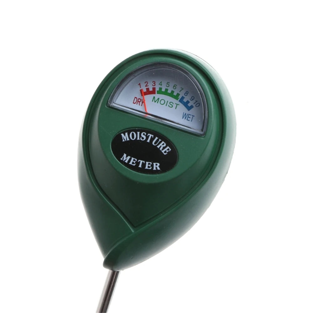 A green soil moisture meter with a dial showing dry, moist, and wet levels and a metal probe.