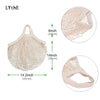 A beige organic cotton mesh produce bag with a drawstring closure shown in various angles.