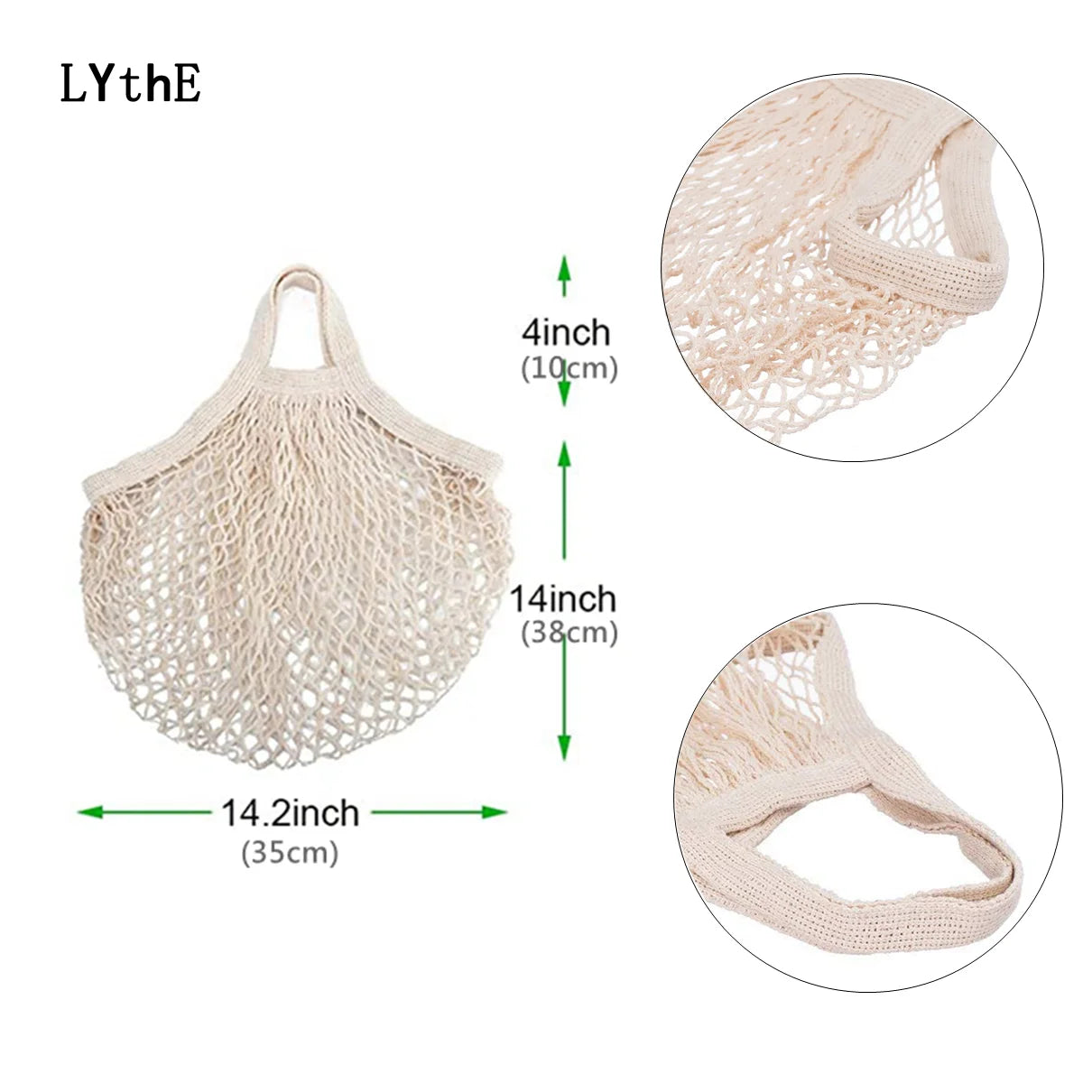 A beige organic cotton mesh produce bag with a drawstring closure shown in various angles.