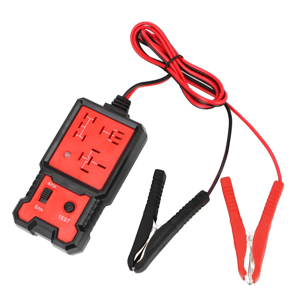 A red 12V car relay tester with LED indicators and a black wire harness.