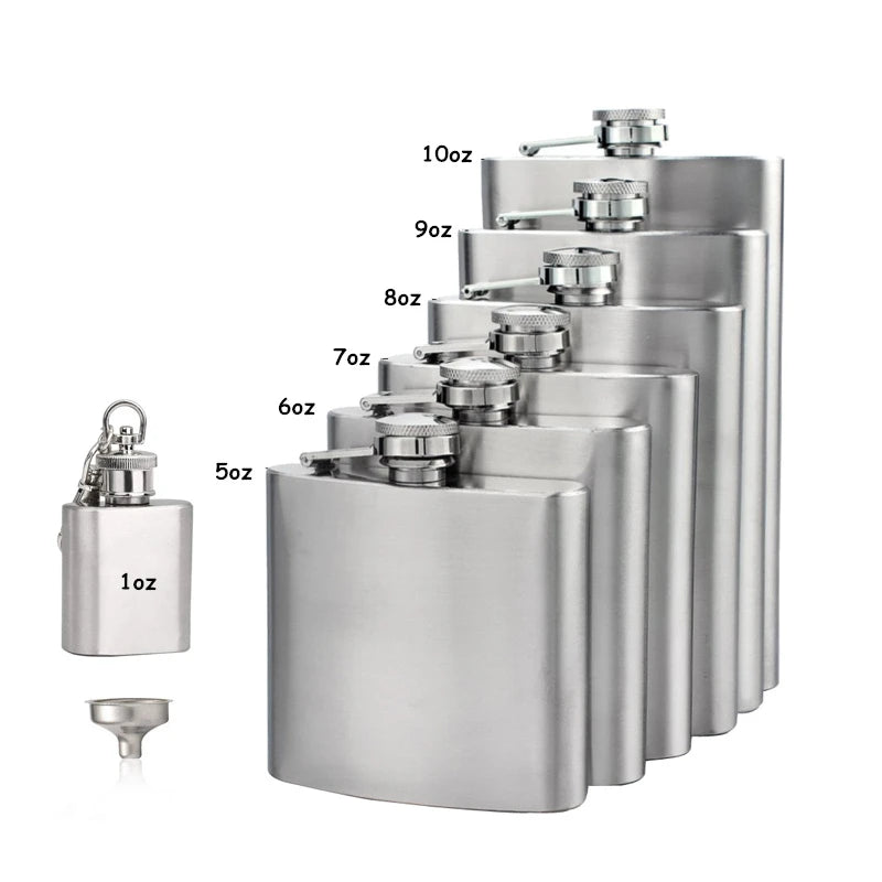 Set aus Edelstahl-Fläschchen mit verschiedenen Kapazitäten (1oz bis 10oz), inklusive Sieb.
