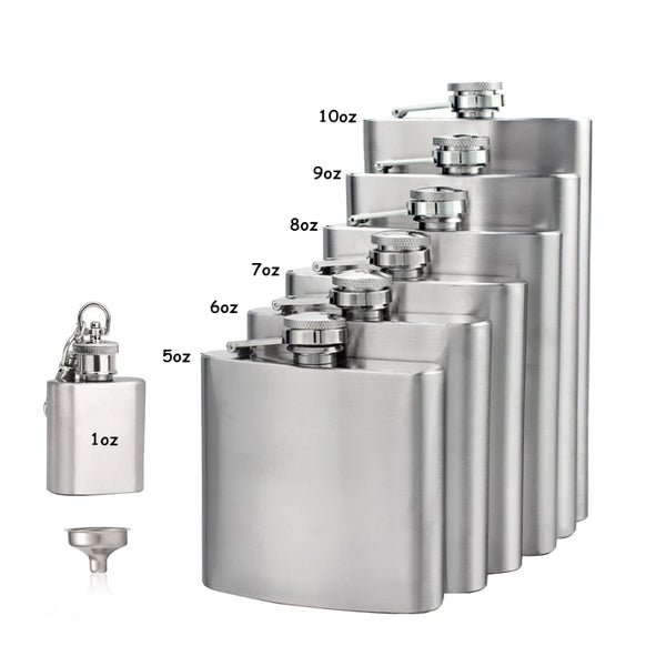 A set of stainless steel hip flasks with various capacities ranging from 1oz to 10oz, including a funnel.