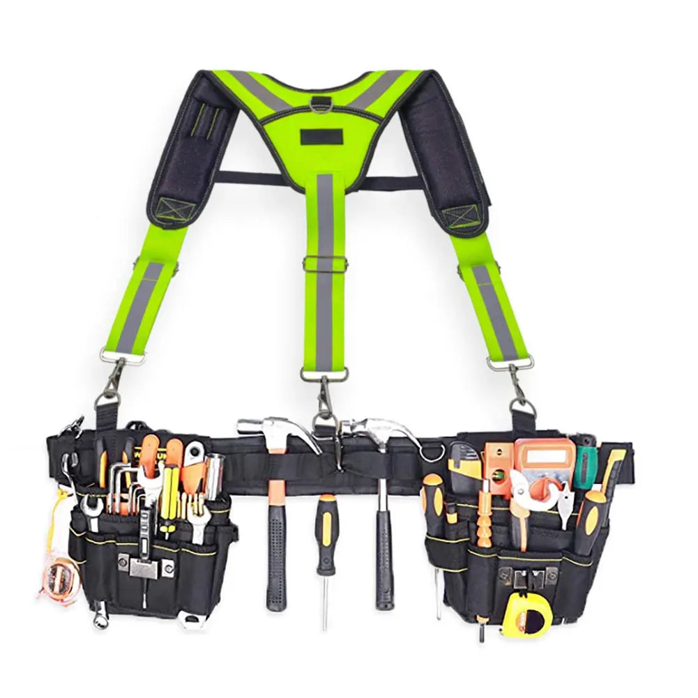 Fluorescent green Y-type tool belt suspenders with adjustable straps and a black tool belt.