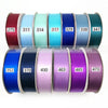 A collection of colorful satin ribbons in various shades including red, blue, green, and purple.