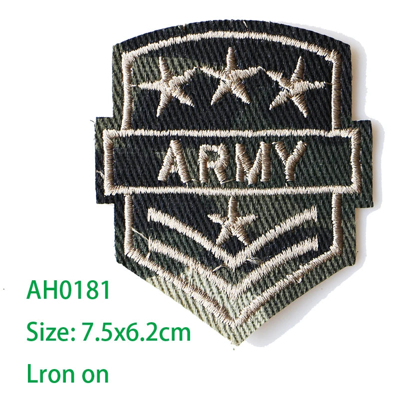 Embroidered Army patch featuring three stars and the word ARMY on a dark green fabric background