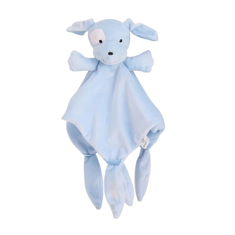 A light blue sensory elephant plush toy with ears and a blanket for babies.