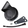 Black electric snail horn with a mounting plate and electrical wire.