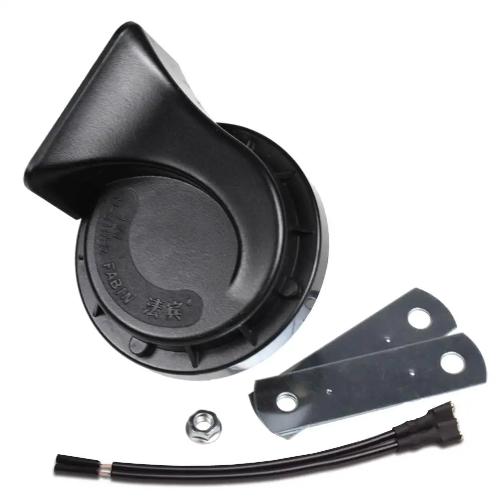 Black electric snail horn with a mounting plate and electrical wire.