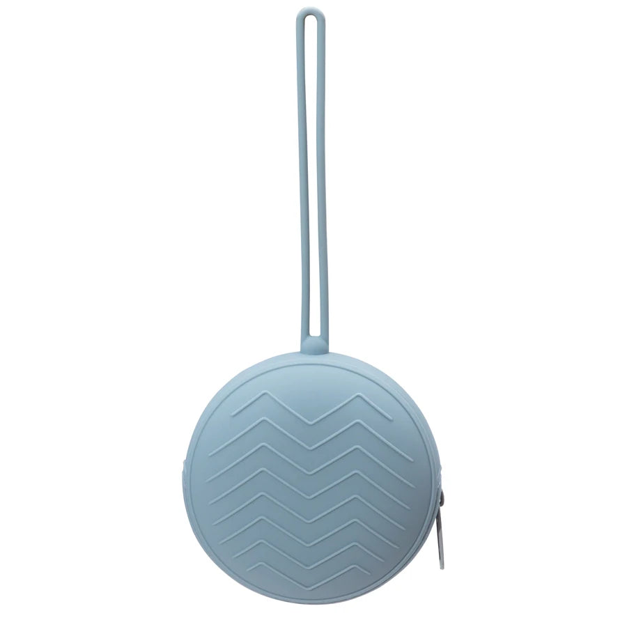 Light blue food-grade silicone pacifier case with a long attached strap